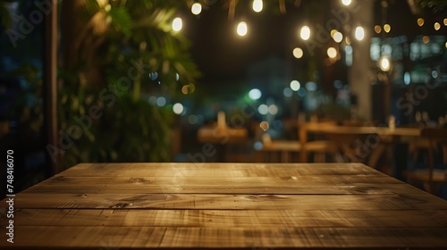 Empty wood table for product display in blur background of restaurant at night : Generative AI © Generative AI