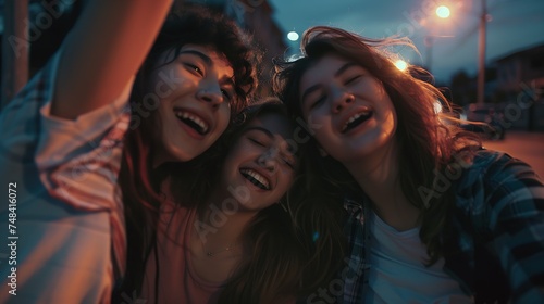 Group of happy teen friends laughing and taking a selfie in the street : Generative AI
