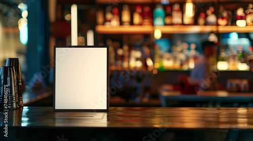 Mock up Menu frame on Table in Bar restaurant cafe with Bartender : Generative AI photo