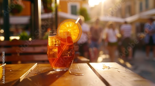 Served cocktail of Aperol spritz with orange slice and straw placed on wooden table of sidewalk cafe in Italy   Generative AI