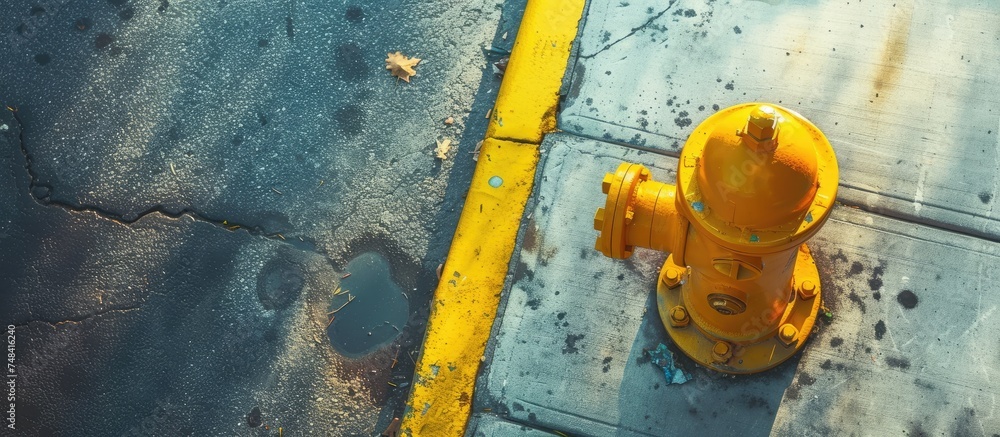 A vibrant yellow fire hydrant stands on the side of a road, catching the sunlight. The hydrant appears ready for emergency use, positioned for quick access in case of a fire.