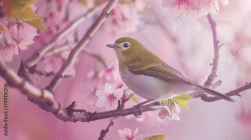 beautiful bird Chestnutflanked WhiteeyeZosterops erythropleurus with Cherry blossom pink sakura flower : Generative AI photo