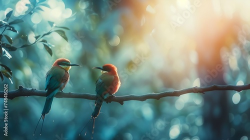 Couple of Chestnutheaded Beeeater Bird rest on branch : Generative AI photo