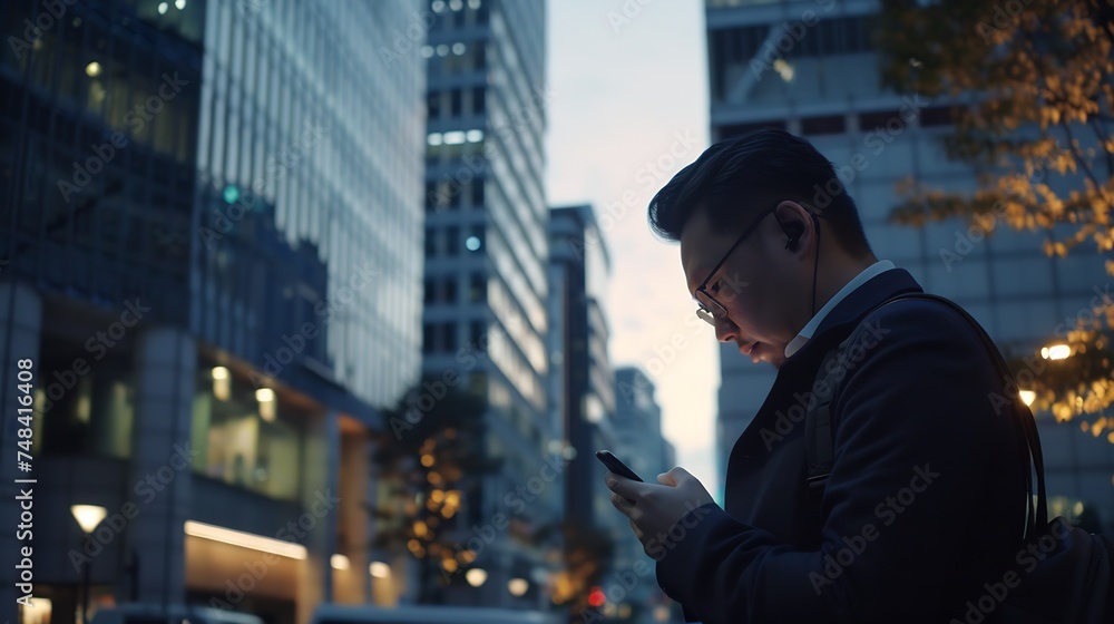 Executive working with a mobile phone in the street with office buildings in the background : Generative AI
