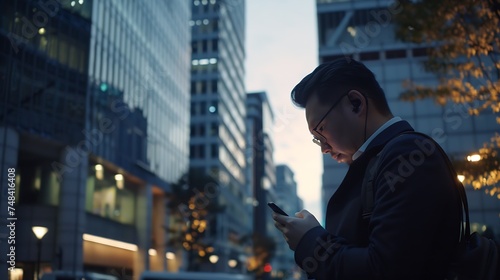 Executive working with a mobile phone in the street with office buildings in the background : Generative AI