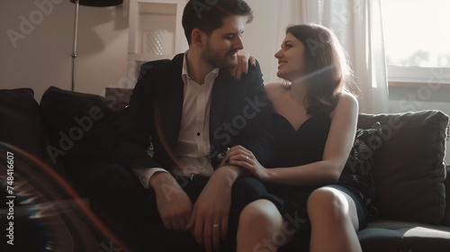 Portrait of young 35s just married couple in love posing photo shooting seated on couch in modern studio apartments concept of capture happy moment harmonic relationships care and sinc : Generative AI photo