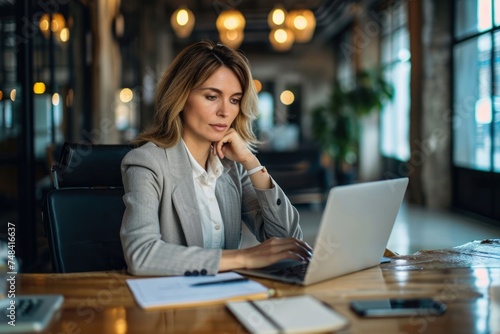 Busy mature business woman working in office using laptop writing. Mid aged female professional executive manager wearing suit looking at computer, elearning, having hybrid meeting sit, Generative AI