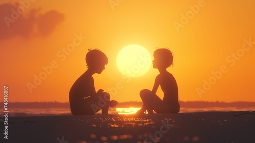 Side view of a full body of two friends or couple silhouette of teens sitting and talking at sunrise on the beach with the sun in the middle   Generative AI