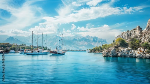 Beautiful scenery with sailing ships in the sea bay Antalya Turkey Seascape on a background of mountains and blue sky with clouds : Generative AI