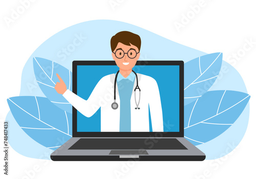 Online doctor concept vector illustration. Online medical consultation and support. Healthcare service. Family male doctor with stethoscope on the computer screen.