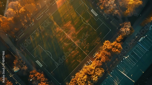 Aerial view of football field in autumn colours at sunrise Moscow Russia : Generative AI