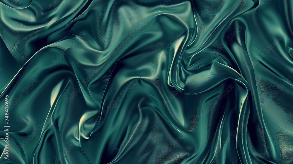 Fototapeta premium Dark green silk satin Shiny silky surface of the fabric Wavy folds Elegant background with space for design Web banner Valentine Christmas holiday background : Generative AI