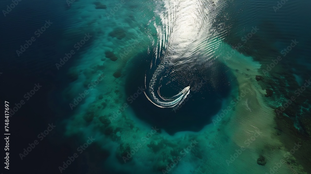 Aerial view of a boat driving in circle in the sea : Generative AI - obrazy, fototapety, plakaty 