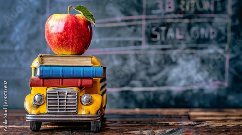 The wheels on the bus go round and round in the world of books and learning. Classic school bus and a stack of colorful books topped with an apple. © Neda Asyasi