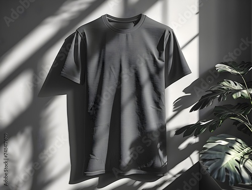 Grey T-Shirt Hanging on a Wall Next to a Plant in the Style of Vray Tracing
