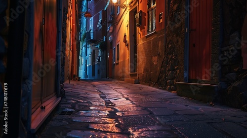 Illuminated Street of Riomaggiore in Cinque Terre at Night Italy : Generative AI