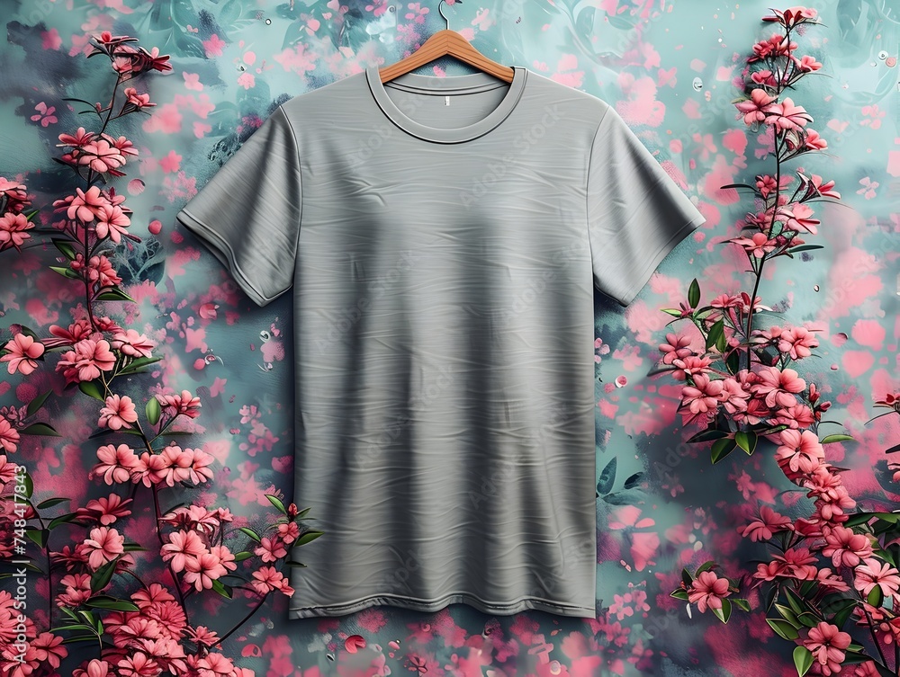 Grey T-Shirt on Floral Backdrop in Textured Style Grey T-Shirt on Floral Backdrop in Textured Style