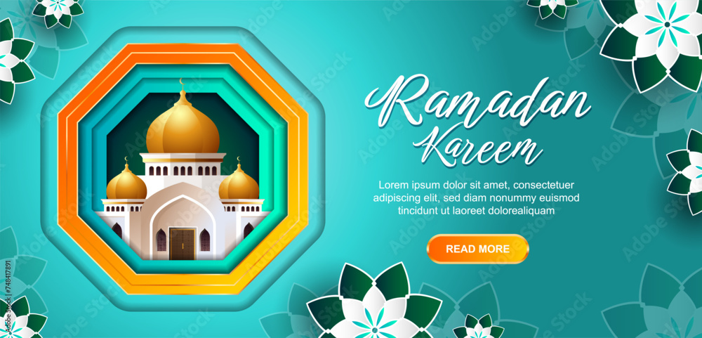 Ramadan kareem banner, eid al-fitr background design with turquoise color