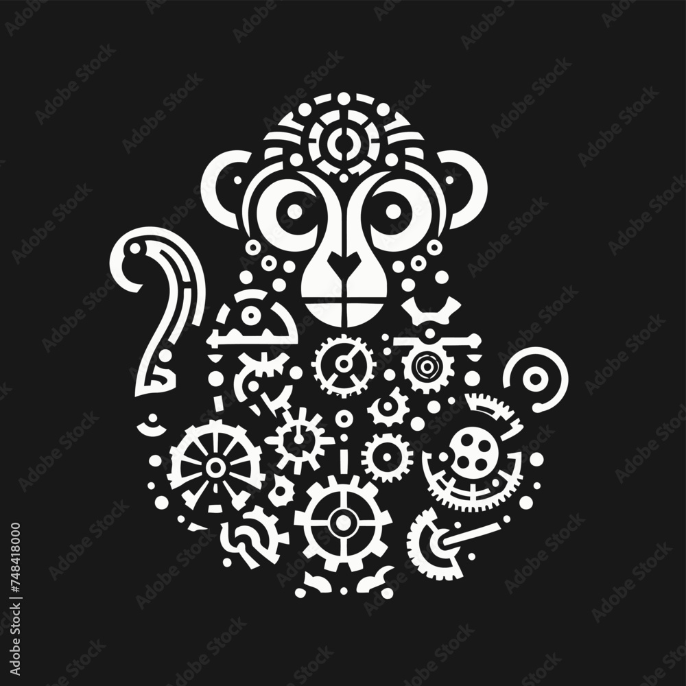 monkey, animal in techno cyberpunk and steampunk tattoo, wire, machine gear logo, monkey, animal in techno cyberpunk and steampunk tattoo, wire, machine gear logo,