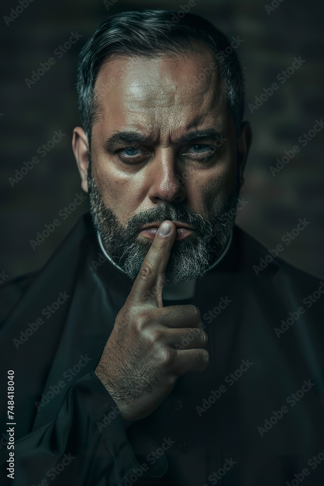 A mysterious priest makes a gesture of silence with his finger on his lips. Illustration of a priest with a penetrating gaze in a symbolic gesture reinforcing reverence for silence. A mysterious priest makes a gesture of silence with his finger on his lips. Illustration of a priest with a penetrating gaze in a symbolic gesture reinforcing reverence for silence.