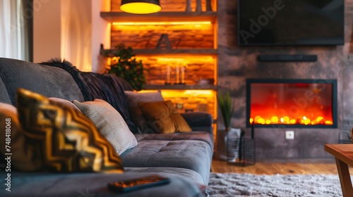Stylish living room interior with electric fireplace comfortable sofas and beautiful decor elements : Generative AI © Generative AI