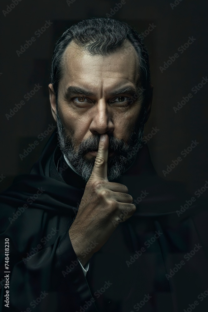 A mysterious priest makes a gesture of silence with his finger on his lips. Illustration of a priest with a penetrating gaze in a symbolic gesture reinforcing reverence for silence. A mysterious priest makes a gesture of silence with his finger on his lips. Illustration of a priest with a penetrating gaze in a symbolic gesture reinforcing reverence for silence.