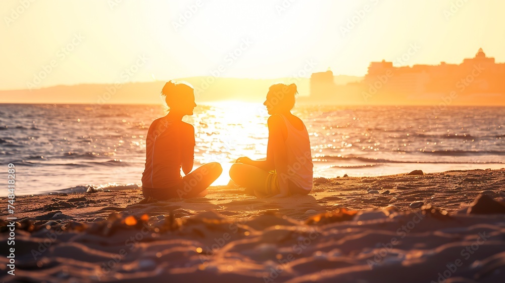 Side view of a full body of two friends or couple silhouette of teens sitting and talking at sunrise on the beach with the sun in the middle : Generative AI - obrazy, fototapety, plakaty 