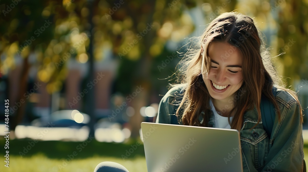 Front view of a happy student girl working with a laptop in a green park of an university campus : Generative AI - obrazy, fototapety, plakaty 
