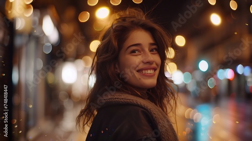Live natural cheerful pretty cute girl smiling turning to the camera Evening in the city street with evening lights atmospheric picture : Generative AI © Generative AI