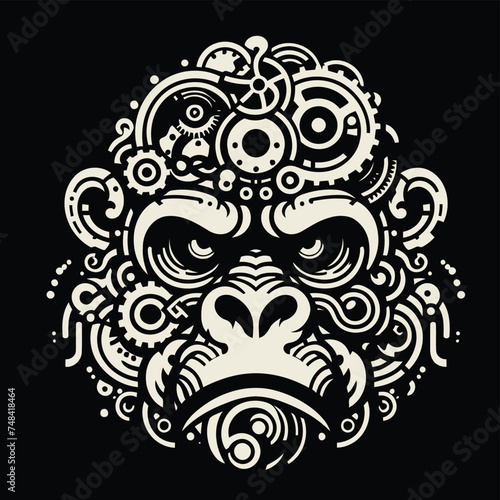 gorilla, monkey, animal in techno cyberpunk and steampunk tattoo, wire, machine gear logo, 