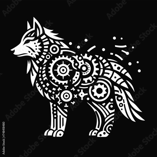 wolf dog, animal in techno cyberpunk and steampunk tattoo, wire, machine gear logo, 