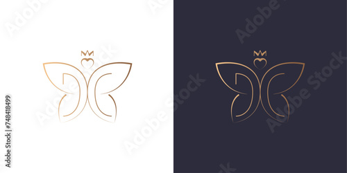 Butterfly logo, heart, Letter D and C logo monogram, sun, minimal style identity initial logo mark. Golden gradient vector emblem logotype for business cards initials.
