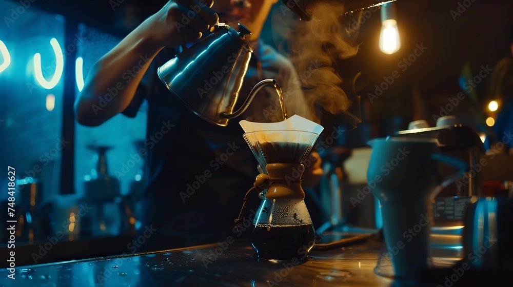 Barista is making drip brewing filtered coffee or pour over coffee with hot water and filter paper in coffee shop Dark photo Copyspace : Generative AI - obrazy, fototapety, plakaty 