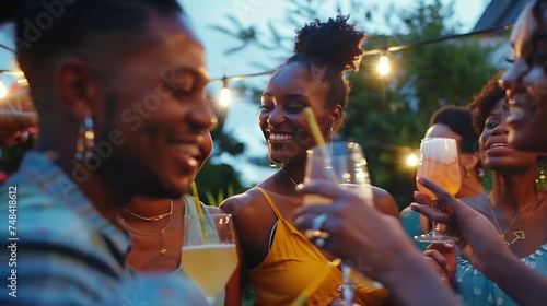 Multiracial group of friends having fun at backyard home party Young people laughing together drinking cocktails at bar restaurant Focus on black woman : Generative AI