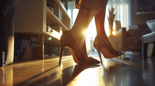 Businesswoman taking off high heels shoes after work at home : Generative AI photo