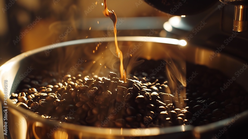 Close up roasted coffee on coffee percolator with professional of a barista making coffee for dripping hot coffee into the cup with equipment tool brewing at kitchen home : Generative AI