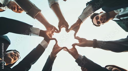 Close up bottom view concept of diverse business people join hands forming heart Show unity and support protection of business Multiracial colleagues involved in team building activity : Generative AI
