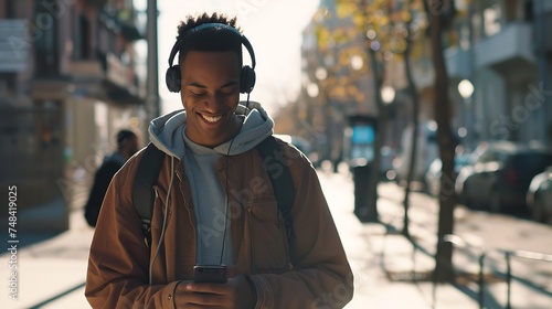 Happy guy walking and using a smart phone to listen music with headphones : Generative AI
