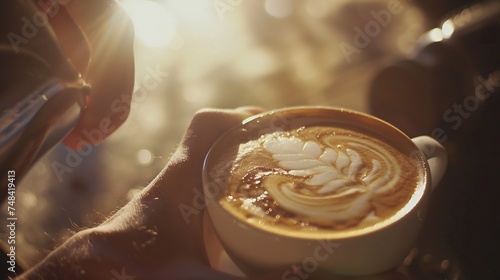 Hand of barista making beautiful latte art in coffee shop : Generative AI