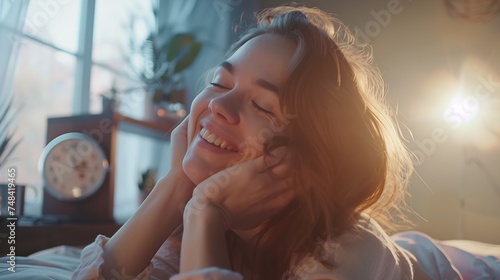 Happy woman waking up and turning off the alarm clock having a good day : Generative AI