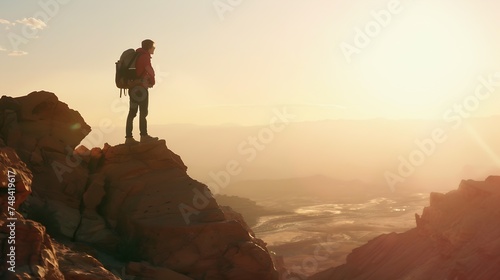 Young man with backpack standing on the top of a mountain at sunset Goals and achievements : Generative AI © Generative AI