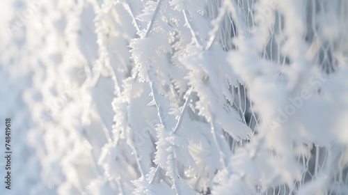 Details metal mesh in the snow fence covered by snow and hoarfrost Beautiful white fence net snow outdoors in winter closeup   Generative AI