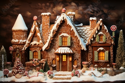 Enchanting Gingerbread winter snow house at sunset. Fantasy New Year holiday. Generate Ai © juliars