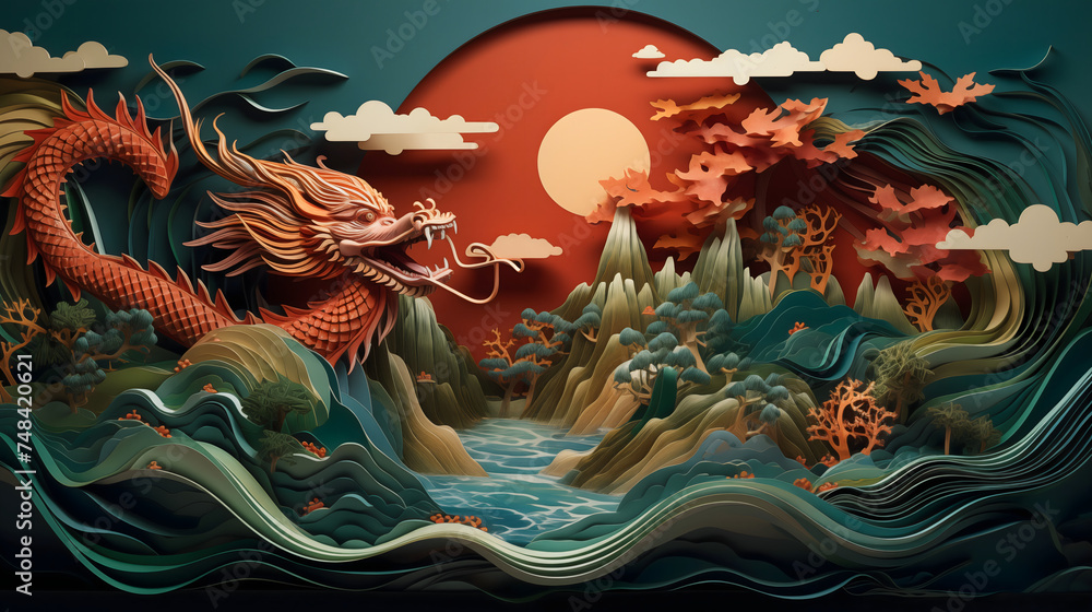 Colorful Chinese Dragon Soaring Through the Night Sky Over a Vibrant Underwater Coral Reef Teeming with Marine Life and Abstract Artistic Elements Colorful Chinese Dragon Soaring Through the Night Sky Over a Vibrant Underwater Coral Reef Teeming with Marine Life and Abstract Artistic Elements