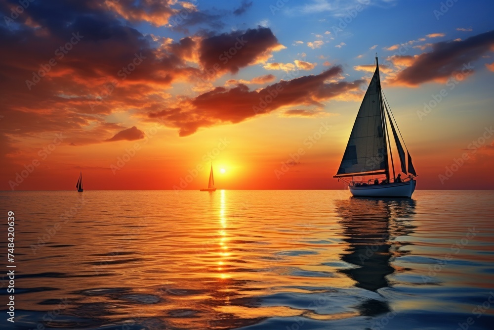 Serene Pair boat sunset. Sea ship. Generate Ai