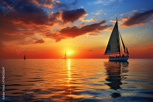 Serene Pair boat sunset. Sea ship. Generate Ai