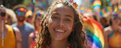 A smiling young woman celebrates inclusivity and diversity at a sunny pride parade surrounded by rainbow flags and happy people.