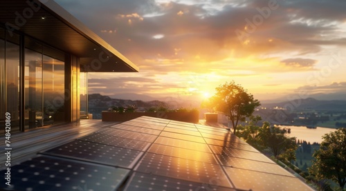 Close-up View of Solar Panels on a House Roof, Showcasing Renewable Energy Technology for a Sustainable Future. Ideal for Green Building Initiatives, Marketing Materials, and Environmental Education