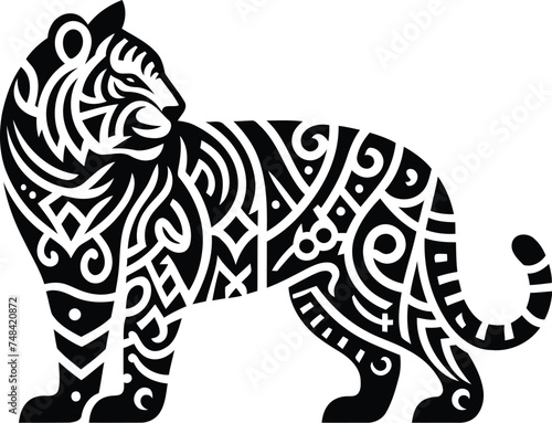 tiger, wildcat animal silhouette in ethnic tribal tattoo,

