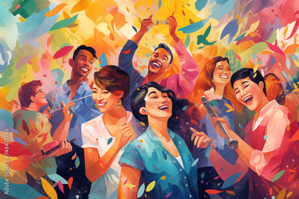 Obraz premium A vibrant depiction of people laughing and enjoying themselves in a colorful illustration.